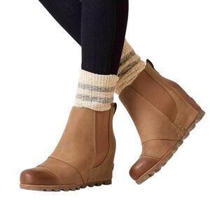 Sorel Joan of Arctic Lea Wedge Chelsea Elk Camel Brown Waterproof Leather Boots